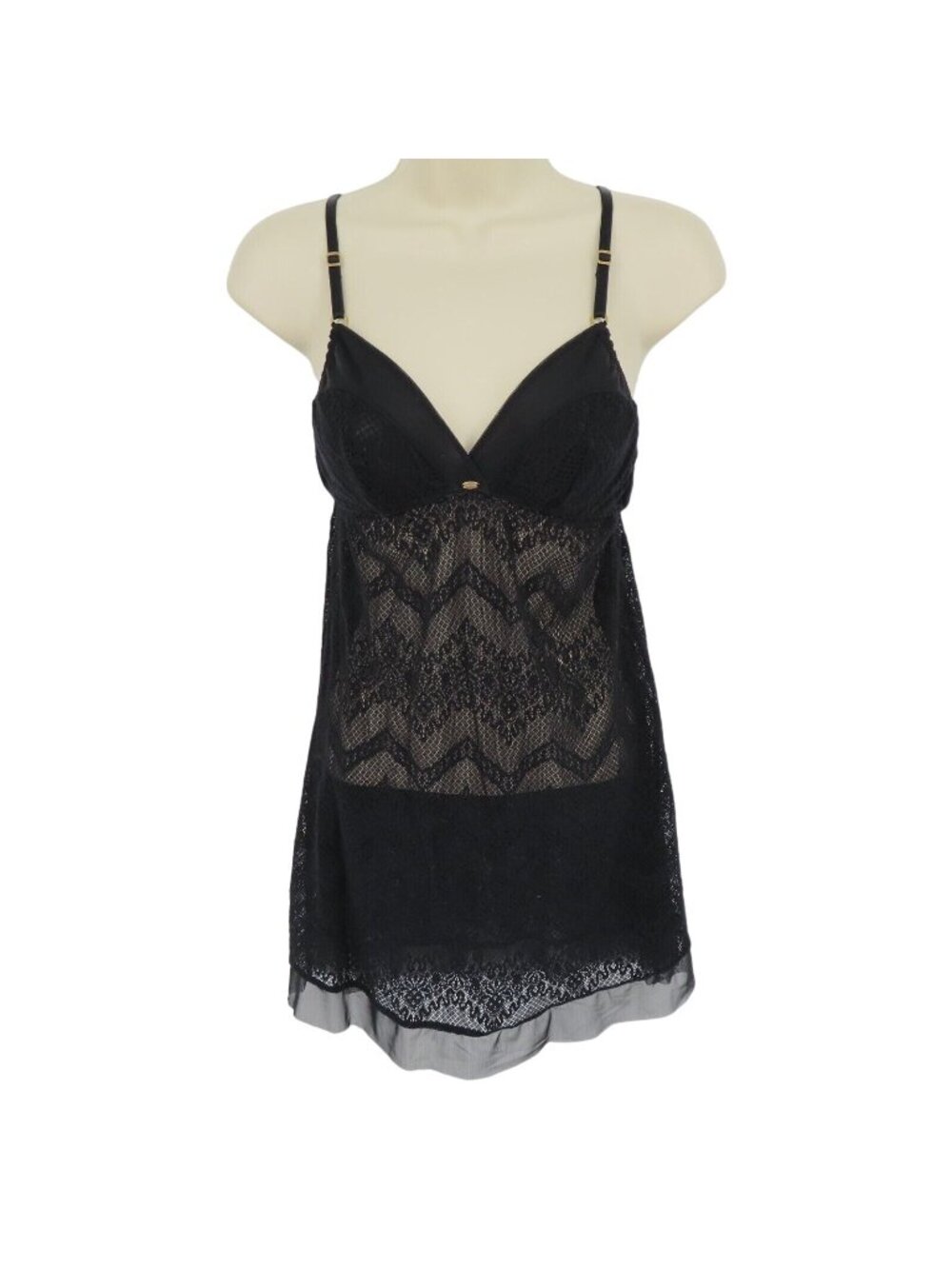 Victorias Secret Small Solid Black Perforated Sheer Chevron Nightie Sleep Shirt
